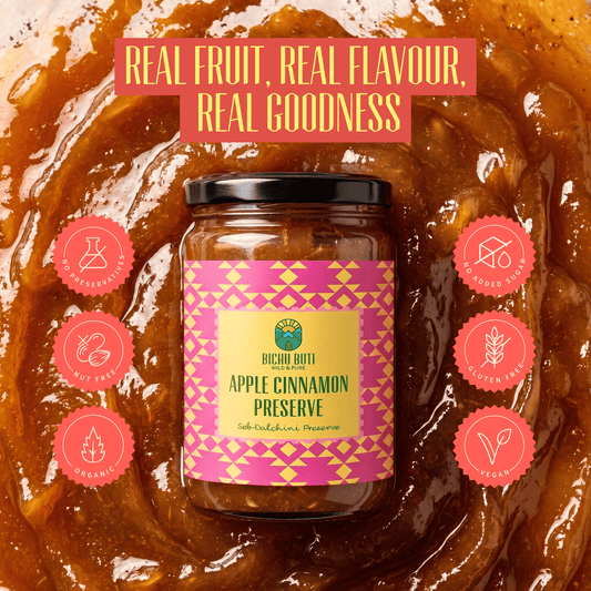 Bichu Buti Apple Cinnamon Preserve Seb-Dalchini jar featuring Real Fruit, Real Flavour, Real Goodness