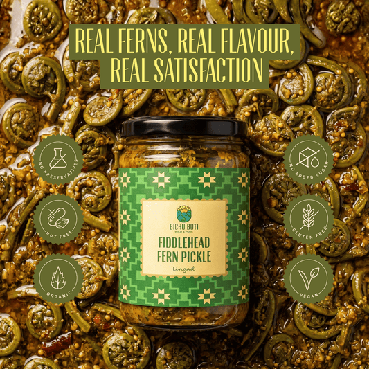 Bichu Buti Fiddlehead Fern Pickle Lingad jar featuring Real Ferns, Real Flavour, Real Satisfaction