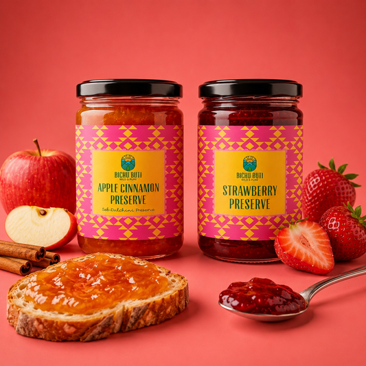 Bichu Buti Mountain Orchard Selection - Apple Cinnamon Preserve and Strawberry Preserve jars