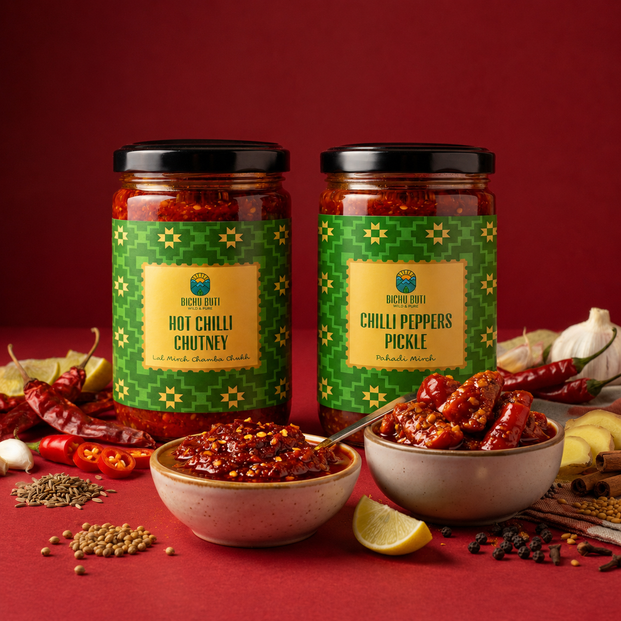 Bichu Buti Pahadi Heat - Hot Chilli Chutney (Chamba Chukh) and Chilli Peppers Pickle (Pahadi Mirch)