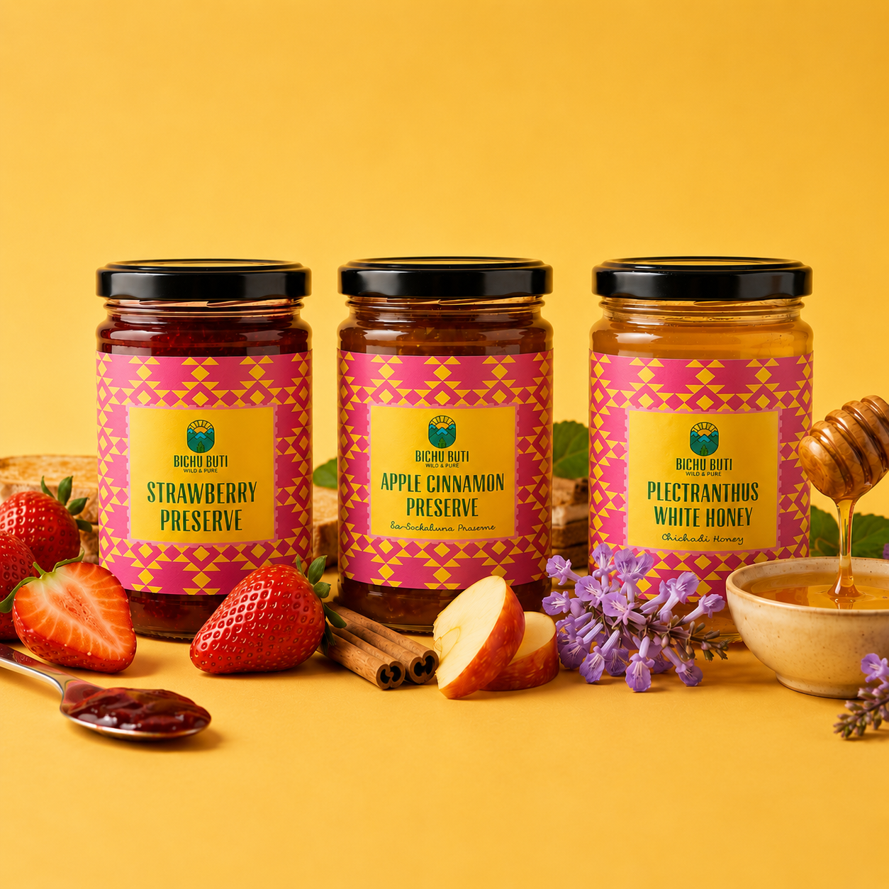 Bichu Buti Sweet from the Hills - Strawberry Preserve, Apple Cinnamon Preserve & White Honey