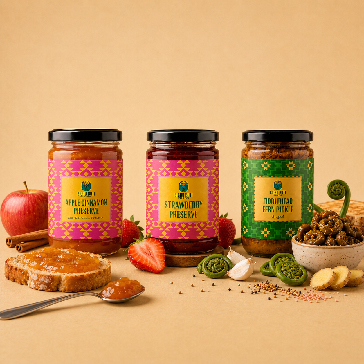 Bichu Buti The Orchard Hills gift set featuring Apple Cinnamon Preserve, Strawberry Preserve, and Fiddlehead Fern Pickle