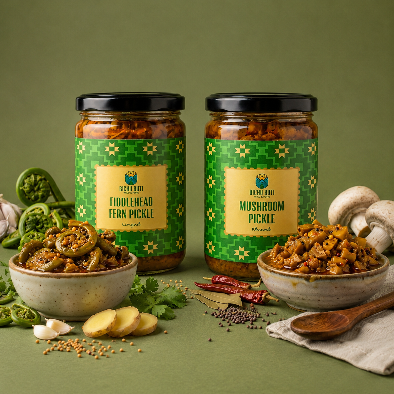 Bichu Buti Wild Harvest - Fiddlehead Fern Pickle (Lingad) and Mushroom Pickle (Khumb) jars